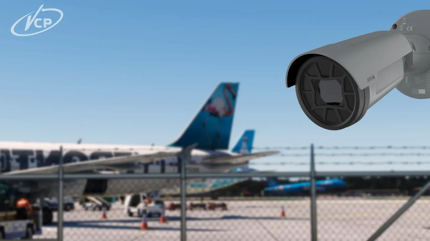 axis bullet camera installed on fence in a big airport vcpco